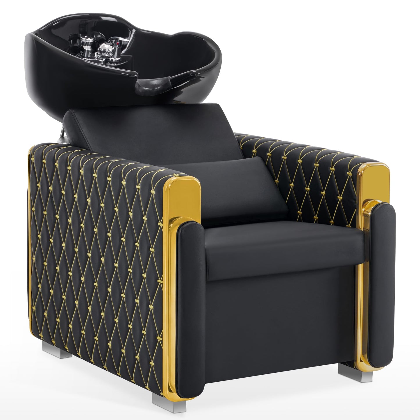 BarberPub Backwash Shampoo Station Chair, Porcelain Ceramic Bowl Sink Unit for Hair Stylist, Gold&Black Shampoo Chair with Vacuum Breaker for Beauty Spa Salon 8690