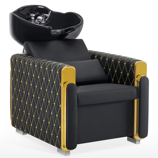 BarberPub Backwash Shampoo Station Chair, Porcelain Ceramic Bowl Sink Unit for Hair Stylist, Gold&Black Shampoo Chair with Vacuum Breaker for Beauty Spa Salon 8690