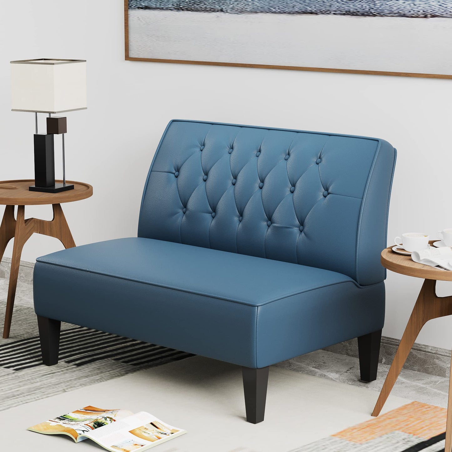 Alunaune Upholstered Blue Loveseat Bench Couch for Bedroom, Modern Cushioned Armless Settee Small Love Seat Sofa Faux Leather Living Room Couch