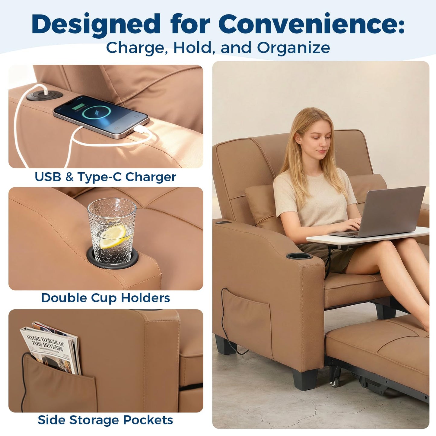 4 in 1 Convertible Sleeper Chair Bed with Vibration Massage Lumbar Pillow, Single Sofa Recliner Featuring USB/Type-C Port, Cup Holders & Side Pocket, Space-Saving Pull Out Bed for Small Spaces, Brown