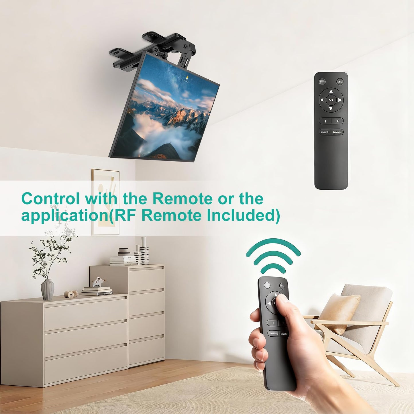 WALI Motorized Ceiling TV Mount Flip Down for 37-75” Flat Curved TVs, Electric Ceiling Mount TV Bracket with Remote, Fits Flat & Pitched Ceiling, Up to 99 Lbs, Mounting Holes 600x400mm(FCM604A), Black