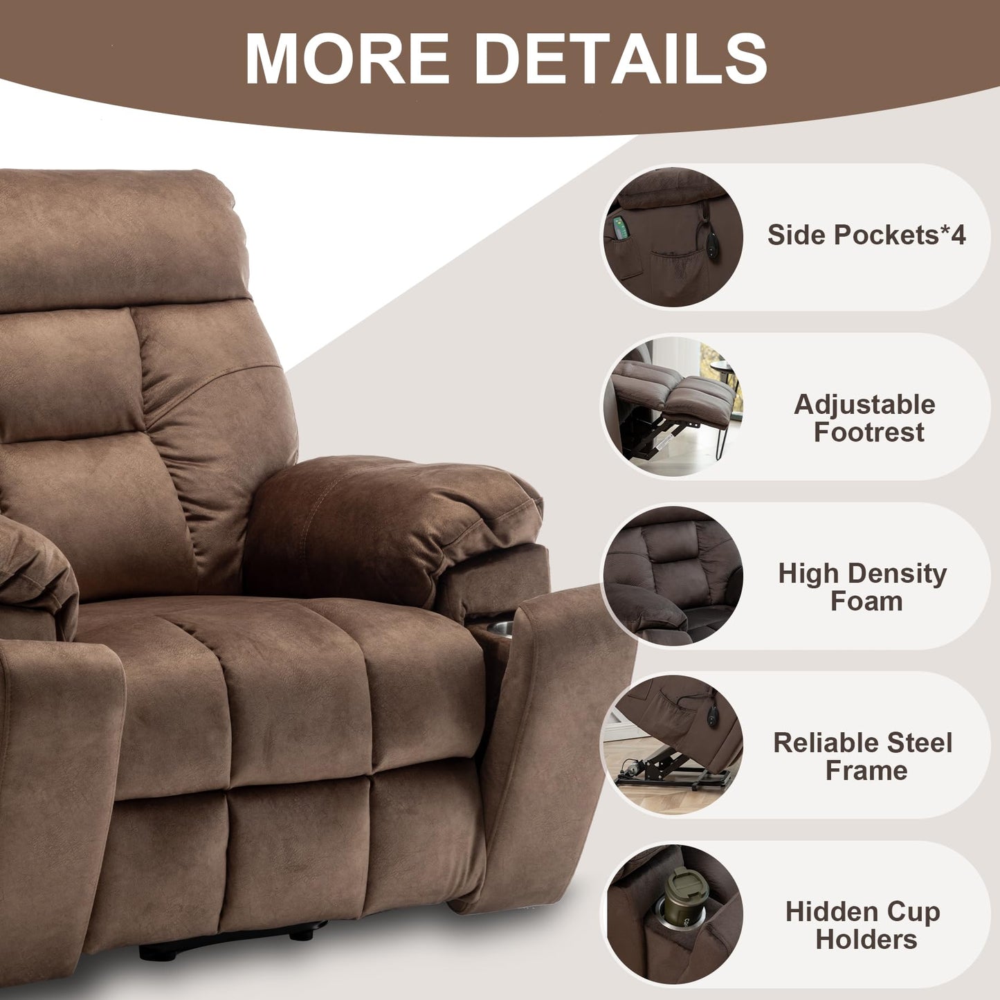 RHHVVR Oversized Lift Recliner Chairs for Big and Tall Adults, 26-inch Extra Wide Power Chair with Massage and Heating, Large Lay Flat Electric Recliner Sofa Chair, Coffee