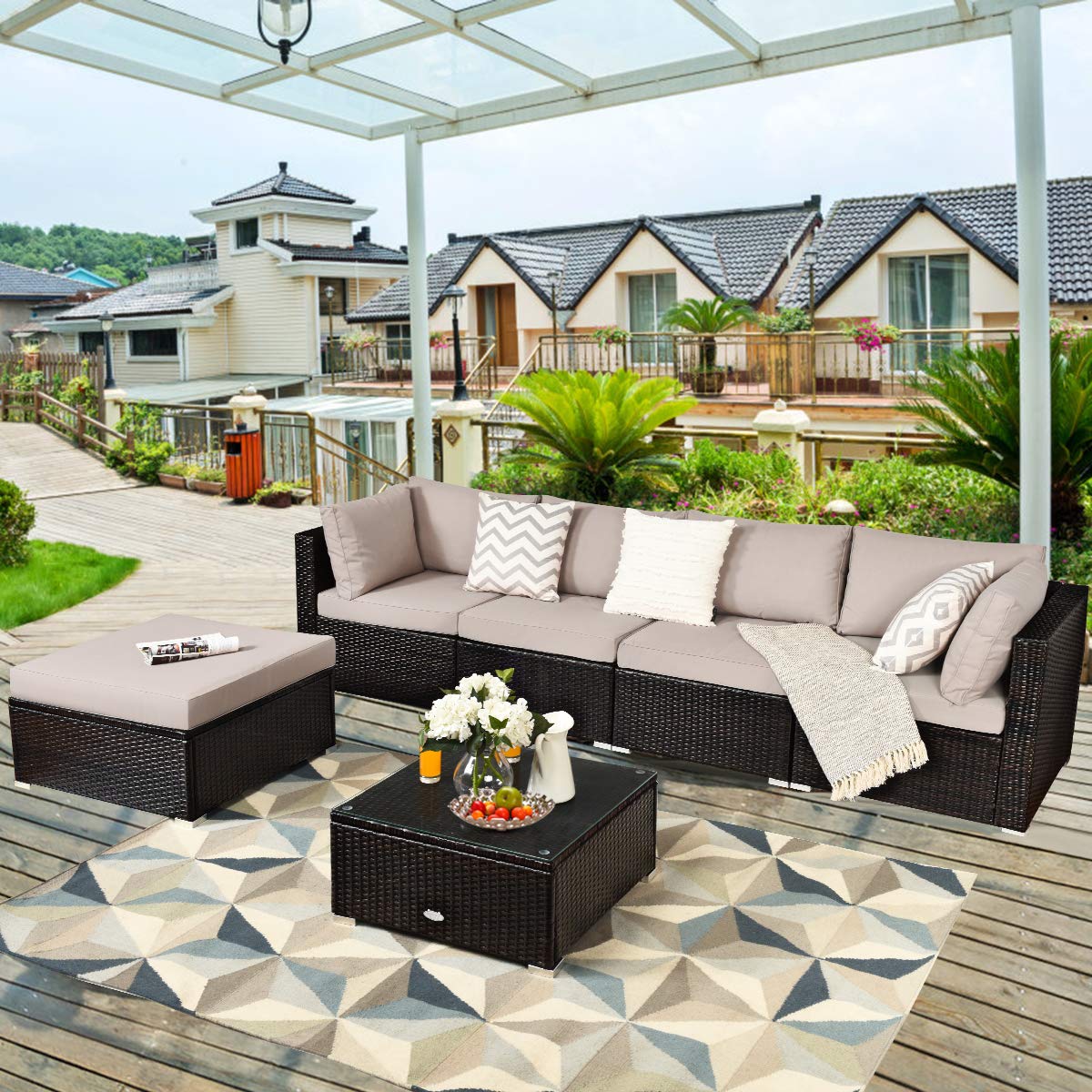 COSTWAY 6-Piece Outdoor Patio Furniture Set, Rattan Sectional Sofa Set with Tempered Glass Coffee Table, Cushions and Ottoman for Garden, Deck, Backyard (Beige)