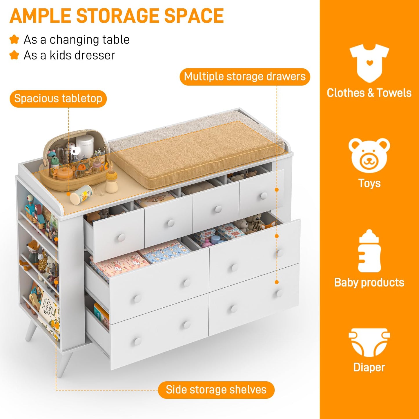 Vabches Kids Dresser Cabinet with 8 Drawers, Changing Table for Nursery, White Chest of Drawers with Open Shelving, Baby Dresser, Kids Bedroom Furniture, Nightstand for Child' s Room, White