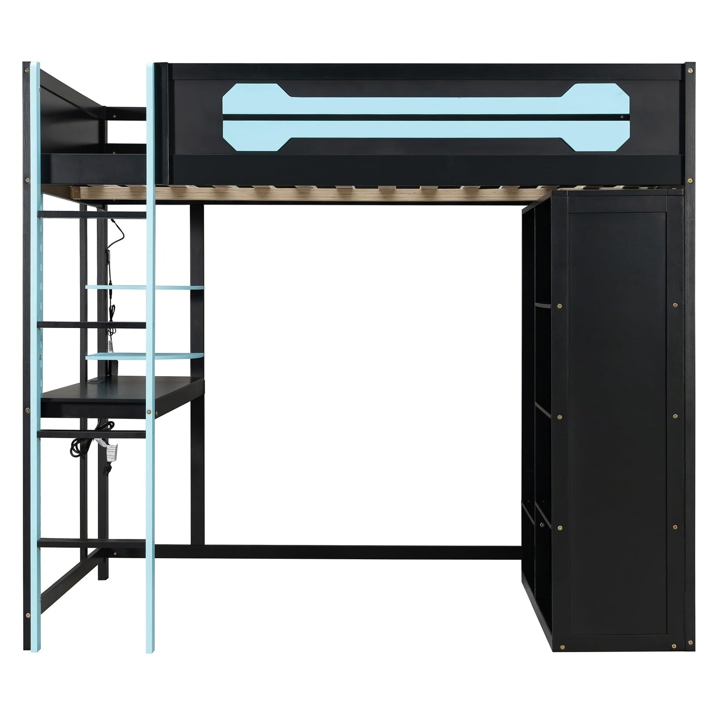 Merax Full Size Loft Bed with Desk and Open Wardrobe, Wooden Gaming Loft Bed Frmae with Light and Charging Station, Space-Saving Bed with Safety Guardrail, No Box Spring Needed, Blue