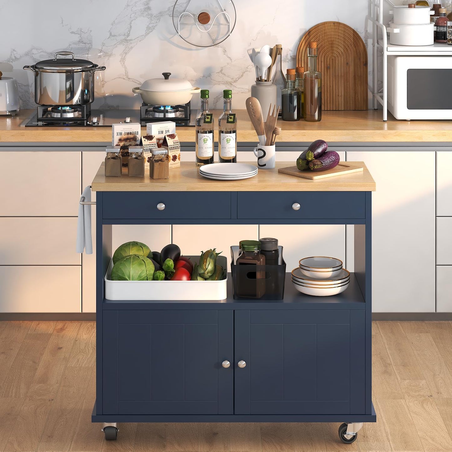 knoworld Rolling Kitchen Island with Storage Cabinet, 35.4'' Width Kitchen Cart, 2 Drawers Island Table, Portable Mobile Kitchen Island with Towel Rack, Wood Top and Lockable Wheels, Blue