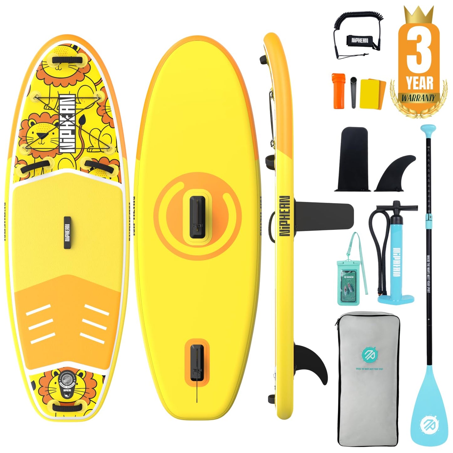Niphean（Ultra-Light） Inflatable Paddle Board with StabilTrac Fin and Durable SUP Accessories, 10' Stand Up Paddle Boards for Adults & Youth, Versatile Yoga Paddle Board, Gift Ideas-Sunny Lion - Kids