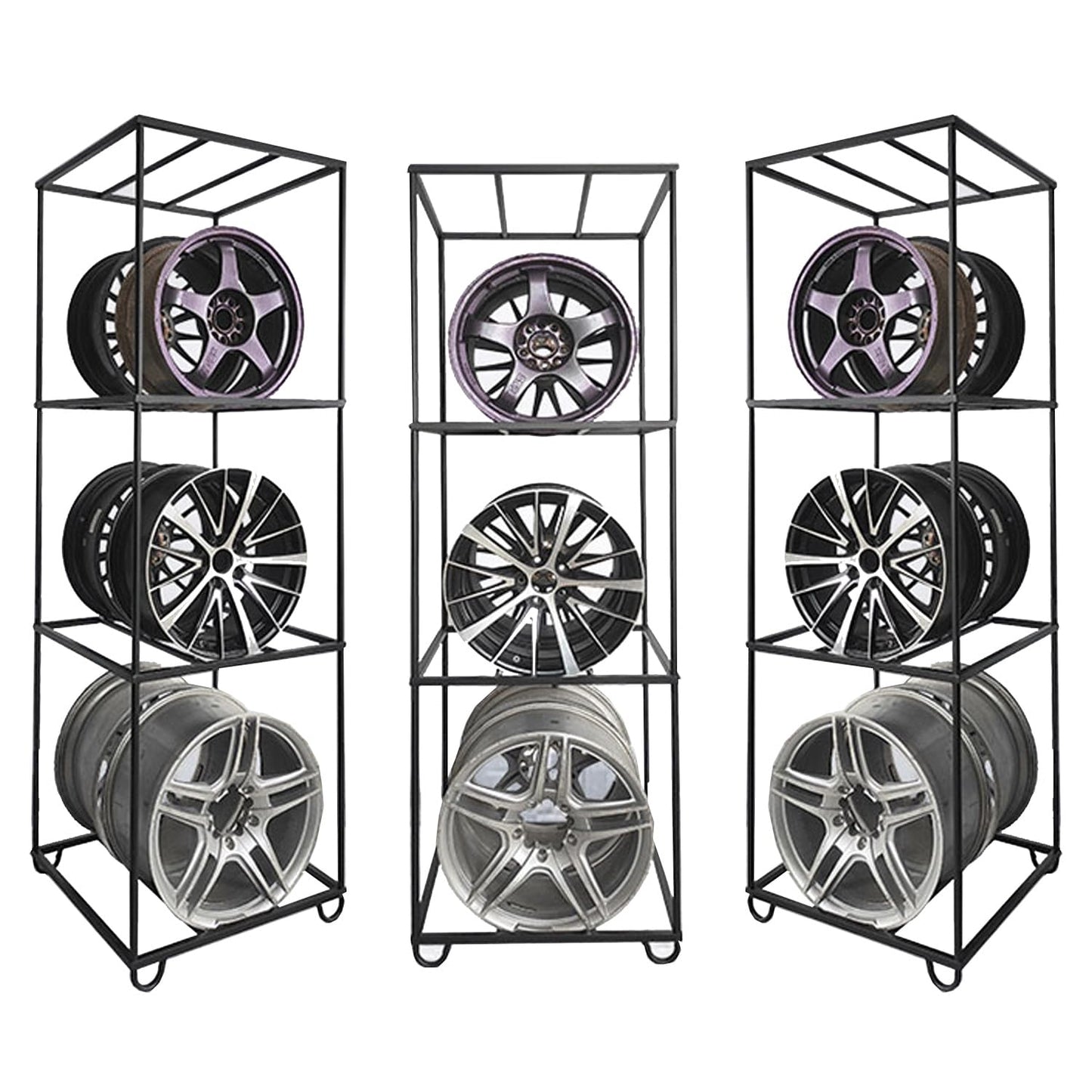Deebior 1Pc Universal Black Rustproof Steel Double Sided Wheel Rim Display Stand,Car Wheel Rims Shelf Organizer, Heavy Duty Multi Tire Rim Stand for Garage Repair Shop 243B