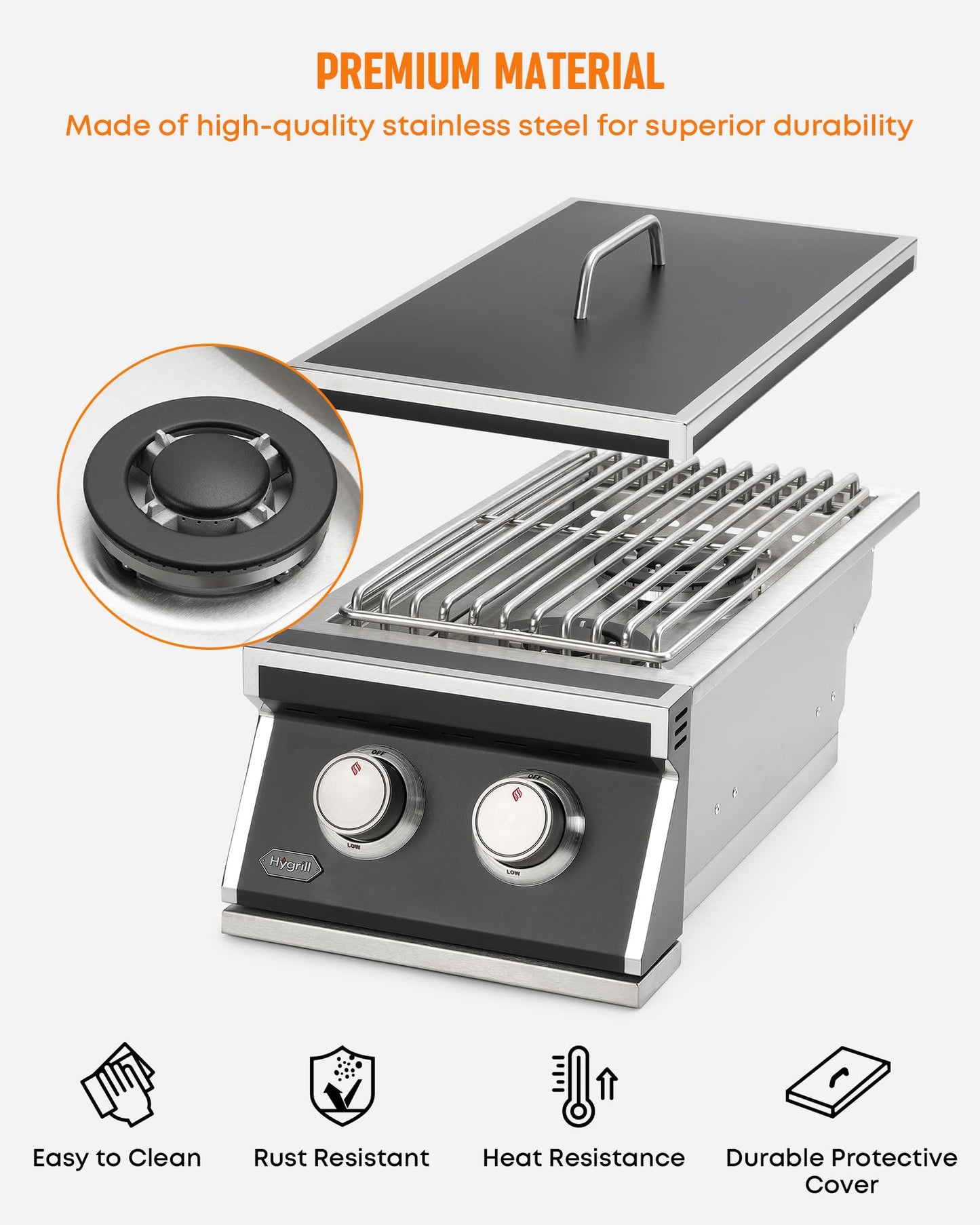 Stanbroil Hygrill Double Grilling Side Burners, 2 x 12,000BTU Liquid Propane Burners for Outdoor Kitchen, Duty Heavy 304 Stainless Steel Built-in Burner for Outdoor BBQ Grill Island, Black