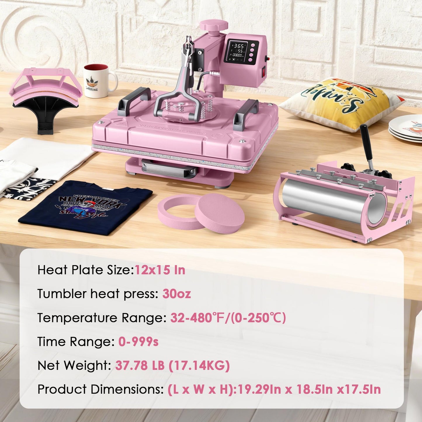 Seeutek 12x15 Inch 5 in 1 Heat Press Machine, 360° Swing Away Sublimation Press with 20oz & 30oz Tumbler Attachments for T-Shirts, Mugs, Hats & Plates, Pink