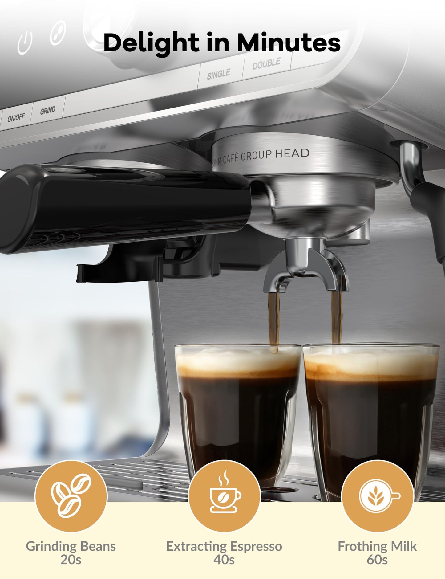 GarveeHome Espresso Machine With Grinder, 20 Bar Semi-Automatic Espresso Coffee Maker With Milk Frother Steamer Wand Cappuccino Latte Macchiato, 95 oz Water Tank, PID Temperature Control, Light Gray