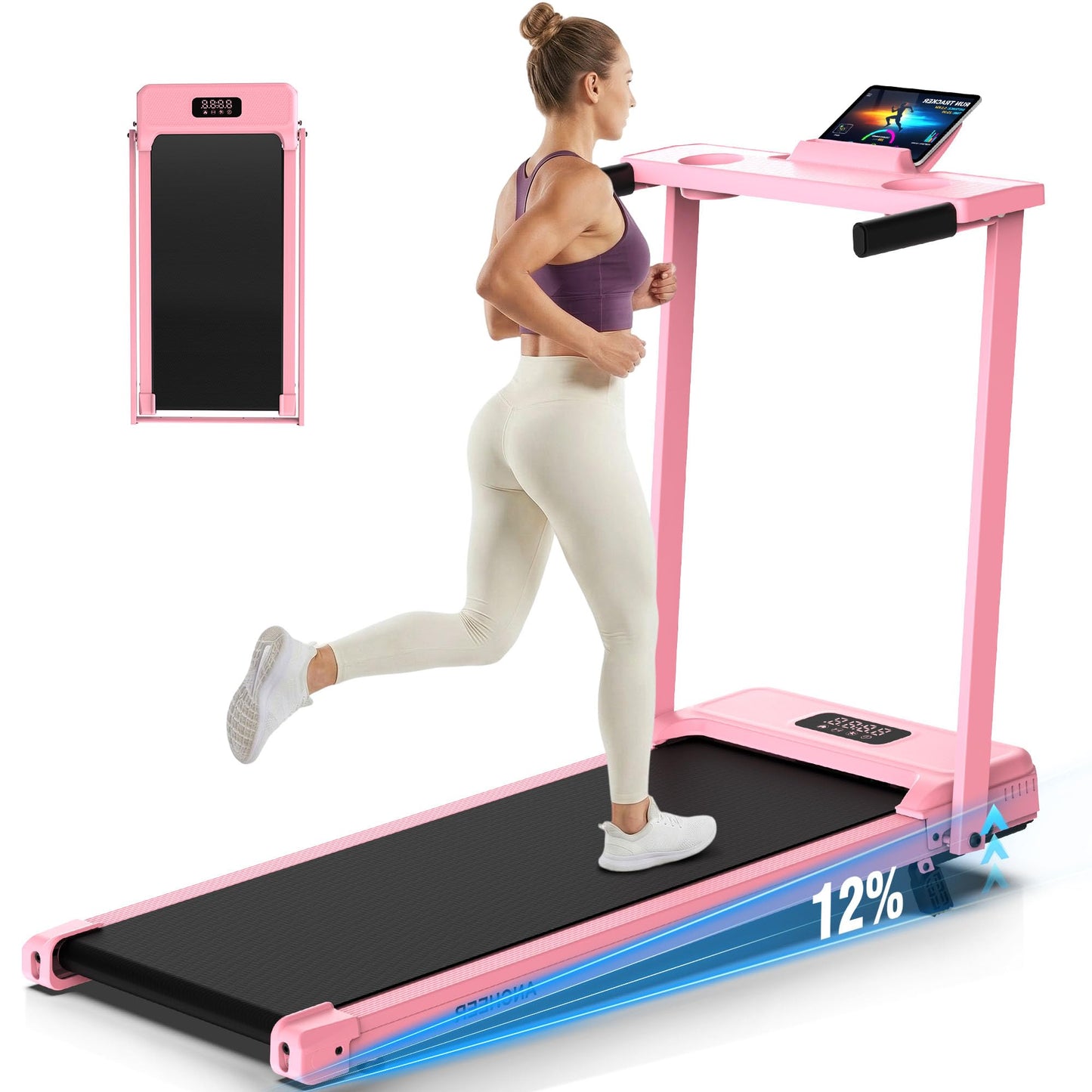 FUNMILY Incline Walking Pad Treadmill with Handle Bar, Folding Treadmills for Home Small, 3.5HP Portable Treadmill with Desk, 350 lbs Weight Capacity, Walking Pad with Remote Control and LED Display