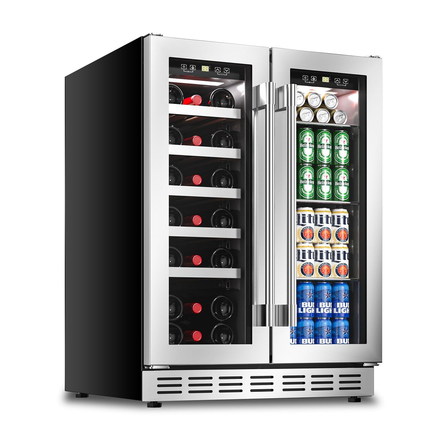 Rockitch 24" W Dual Zone Wine and Beverage Refrigerator, Built-in or Freestanding Wine Beverage Cooler with Stainless Steel Glass Door, 20 Bottles and 63 Cans Under Counter Fridge for Home Bar Office