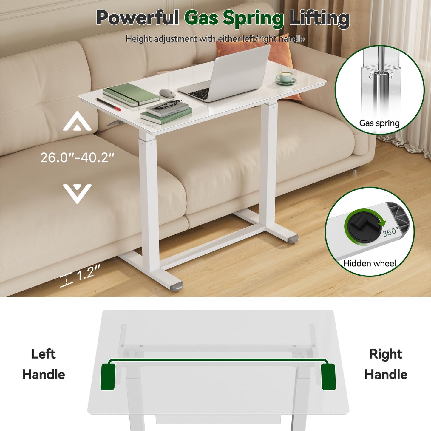 Gibbon Mounts Glass Standing Desk with Drawers, 35inch Small Mobile Laptop Desk, Height Adjustable Rolling Sit Stand Desk, White Pneumatic Portable Computer Desk with Hidden Wheels or Lockable Casters