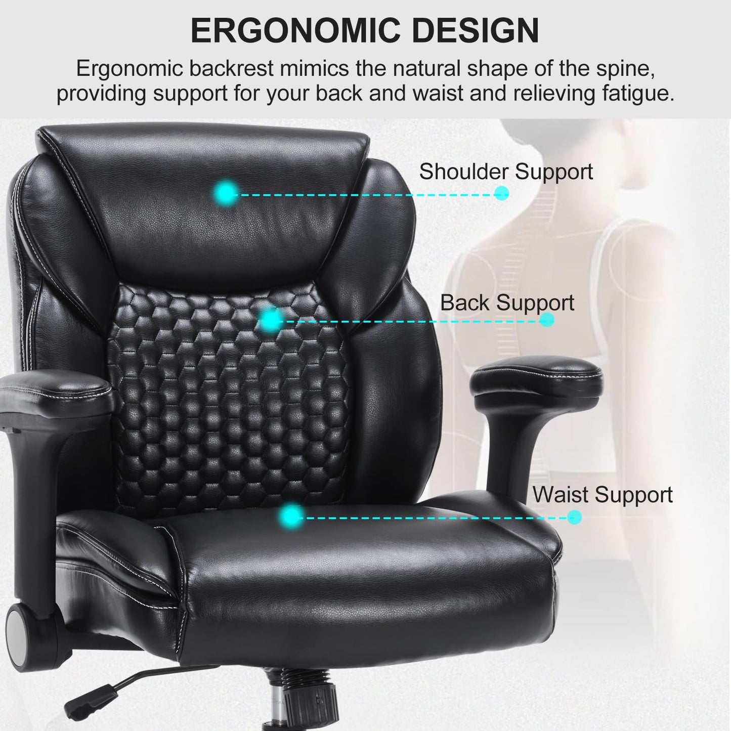 Drafting Chair, Tall Office Chair with Adjustable Armrests Mid-Back Standing Desk Chair with Footrest Ring, PU Leather High Executive Desk Chair Counter Height Office Chair for Home and Office, Black