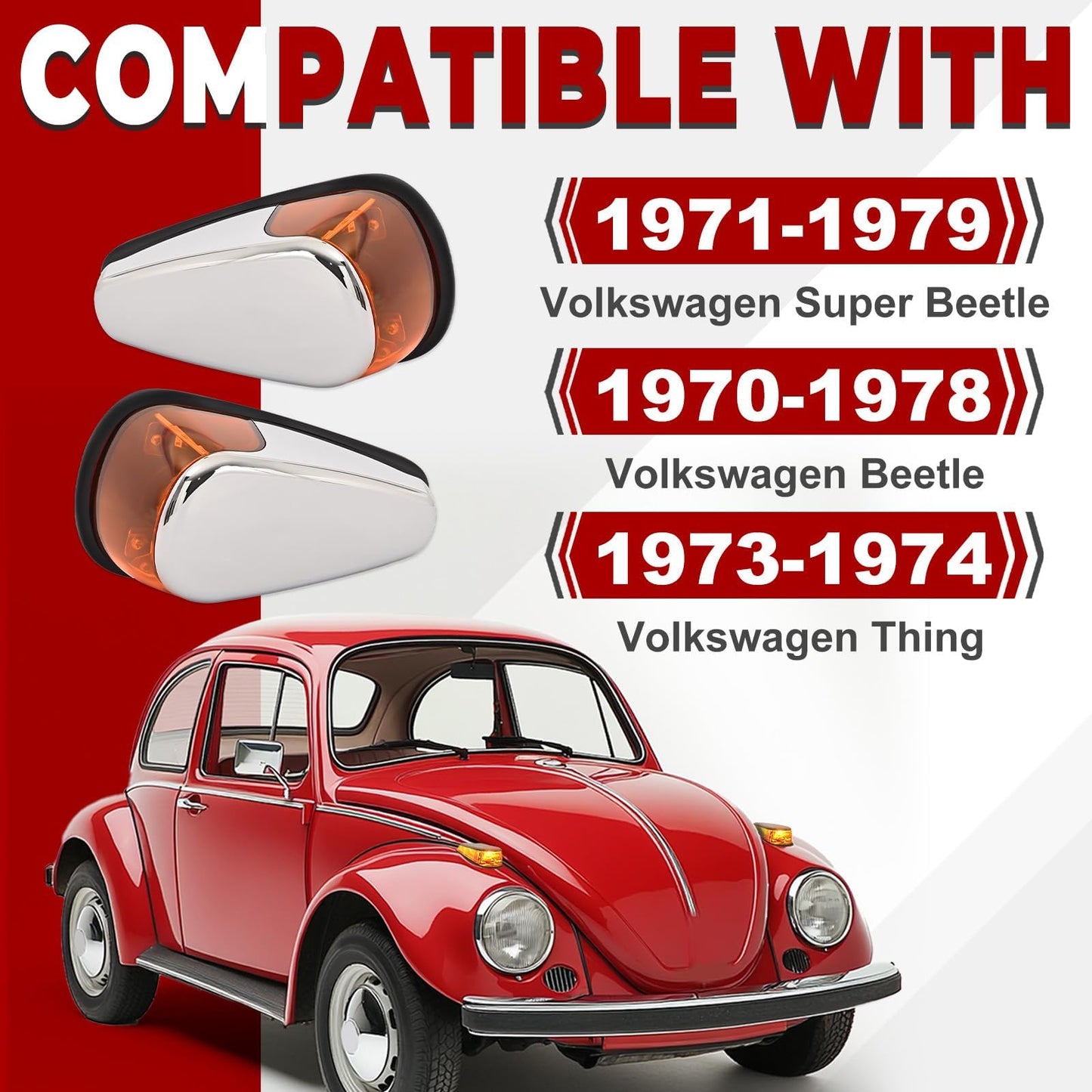 HECASA Turn Signal Light Assembly for VW Bug 1970-1979, Amber Lens, Plastic, Model MO-4974, Pair, Right & Left Side