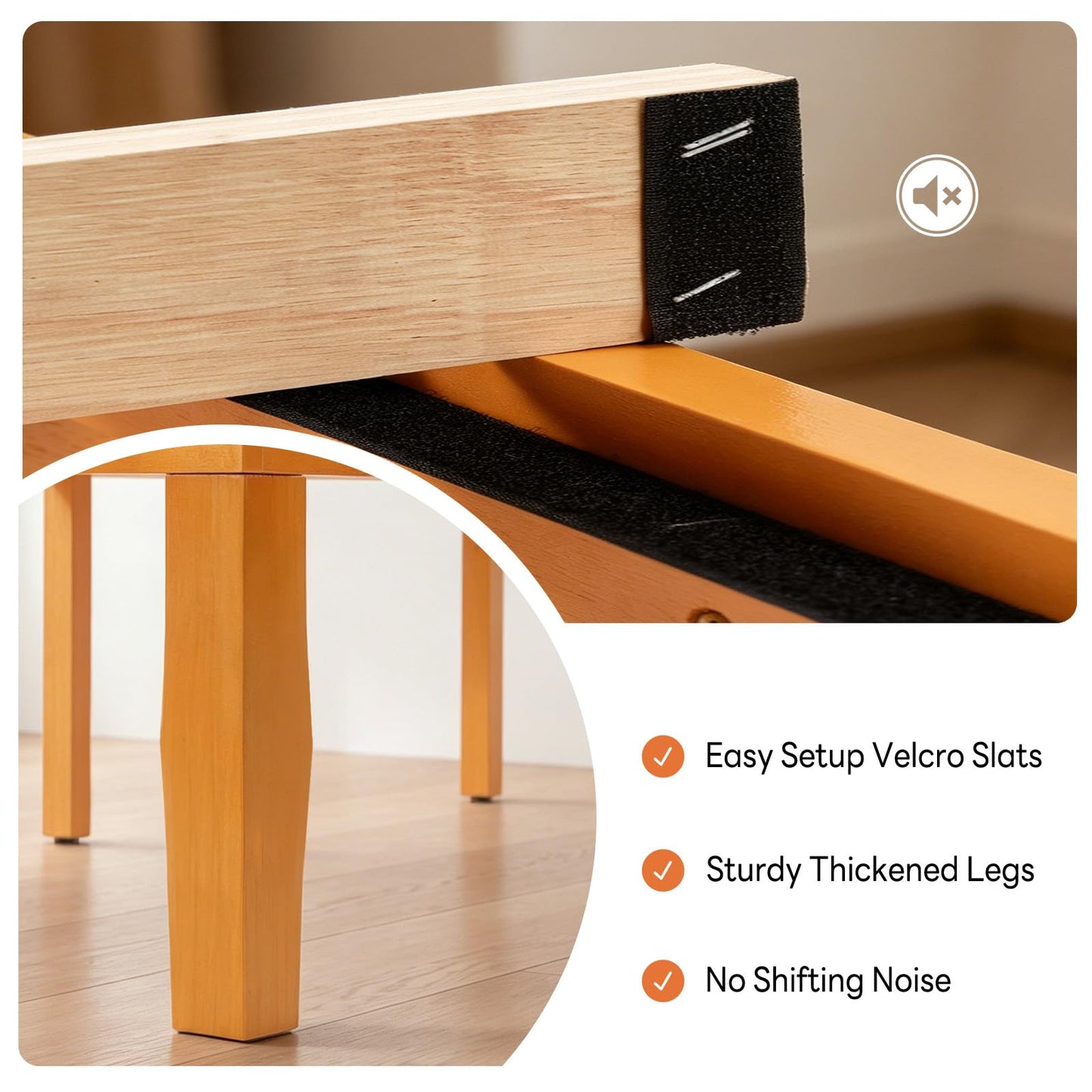 Sweetcrispy King Size Bed Frame 16 inch Heavy Duty Platform Bedframe, 1000 lbs Capacity, Underbed Storage, No Box Spring Needed, Wooden Slats, Easy Assembly with Velcro, Honey Finish