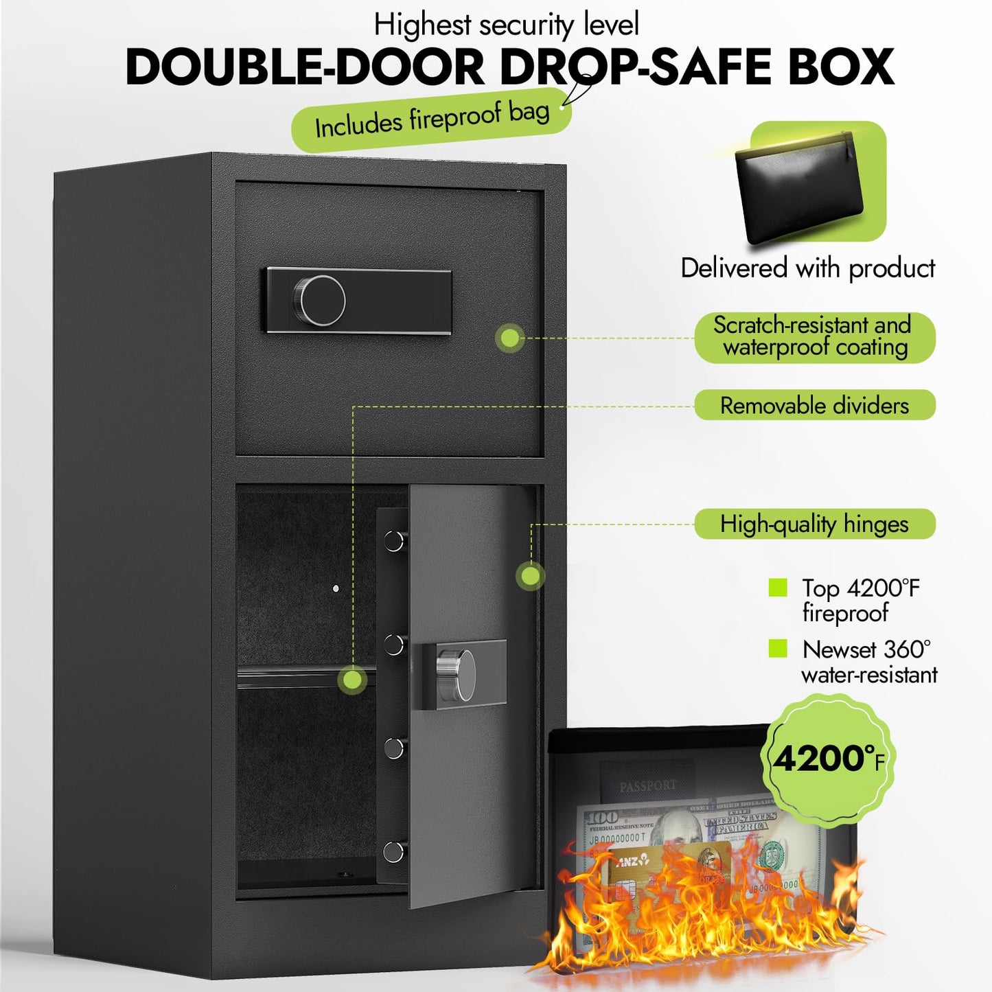 BUTISOW 8.6 Cuft Heavy Duty Dual Door Safe Box with Hidden Lock Box,Fireproof Waterproof Bag,Removable Shelves,Silent,Fireproof safe for Home, Office, Hotel