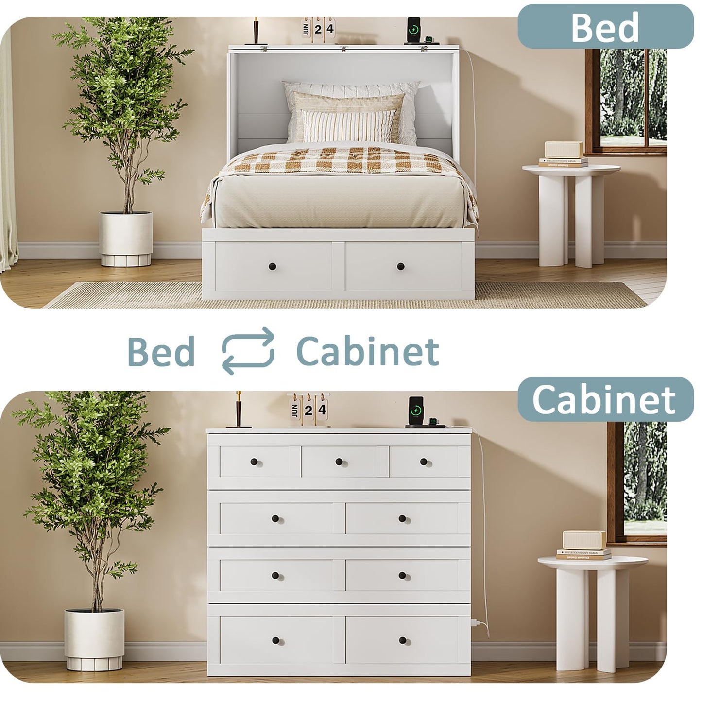 LIVAUVEAD Twin Murphy Bed with Built-in Charging Station, Space-Saving Murphy Bed Chest Twin with Drawer, Foldable, for Home Office Guest Room Bedroom White