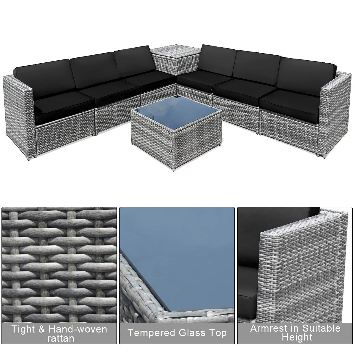 Tangkula 8 Pieces Wicker Patio Furniture Set with Storage Deck Box, PE Rattan Outdoor Sectional Sofa Conversation Set with Coffee Table & Cushions, Outside Furniture for Garden Yard Poolside (Black)