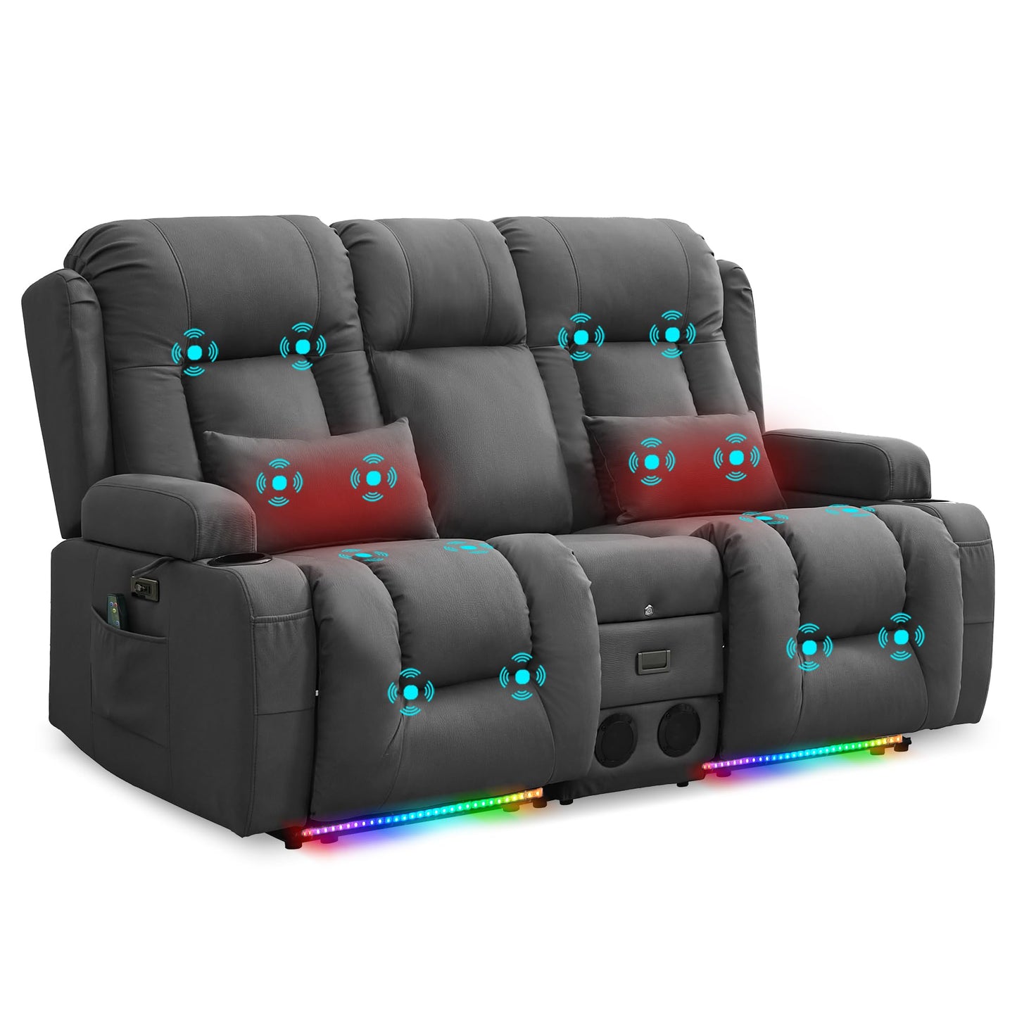 URRED Power Loveseat Recliner Sofa with Massage and Heat, Wall Hugger Reclining Loveseat with Console, RV Couch Home Theater Seating with LED Lights for Living Room (Gray, 67" - 2 Seats)