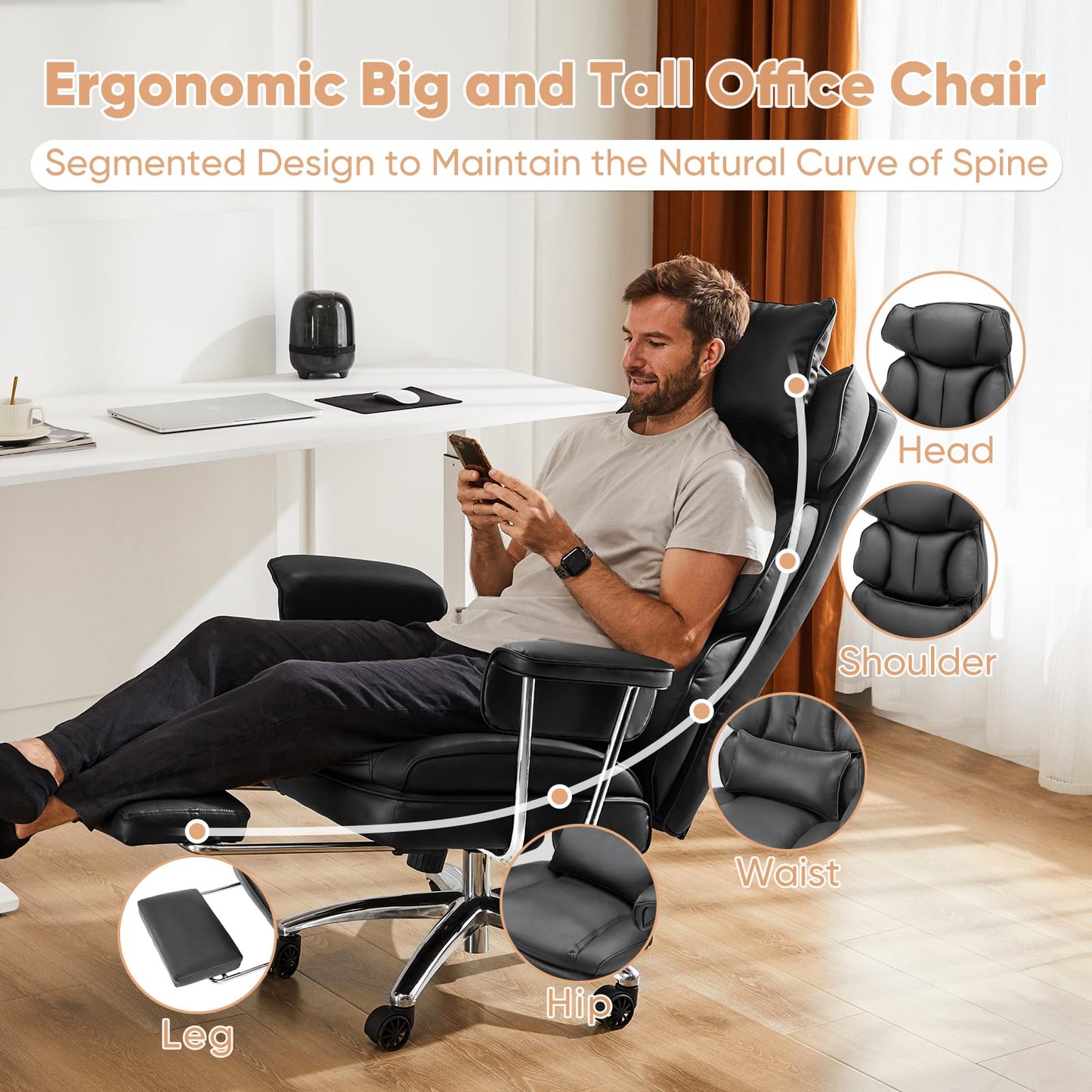 Sweetcrispy Executive Home Office Desk Chair - Ergonomic Big Tall High Back with Footrest & Lumbar Support, Reclining Height Adjustable, Comfy PU Leather Computer Gaming with Swivel Wheels, Black