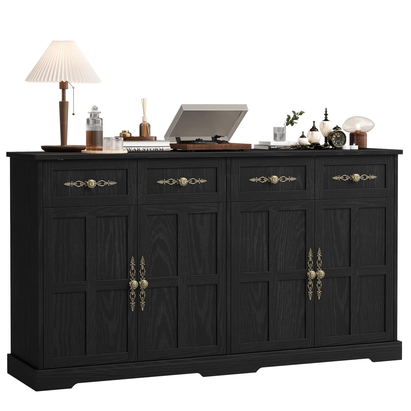 Garvee 63" Large Buffet Sideboard with Storage, 36" Tall Kitchen Buffet Storage Cabinet with 4 Drawers, Modern Coffee Bar Cabinet with Gold Handles, Long Sideboard Buffet Table for Kichen, Black