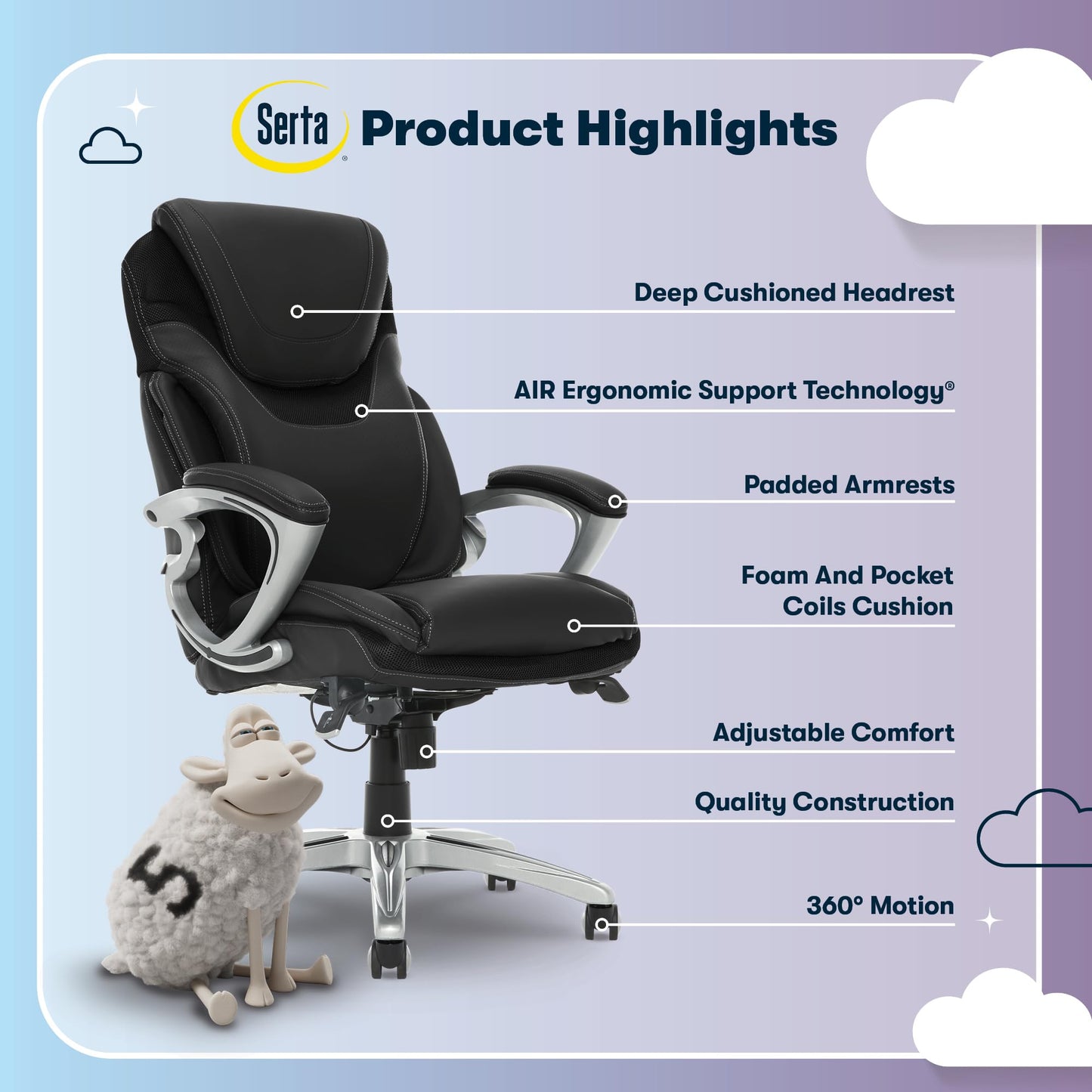 Serta Bryce Executive Office Chair - Ergonomic Computer DeskChair with Lumbar Technology - Adjustable Height - Memory Foam Body Pillows - 360° Swivel Rolling Base - Bonded Leather - Black