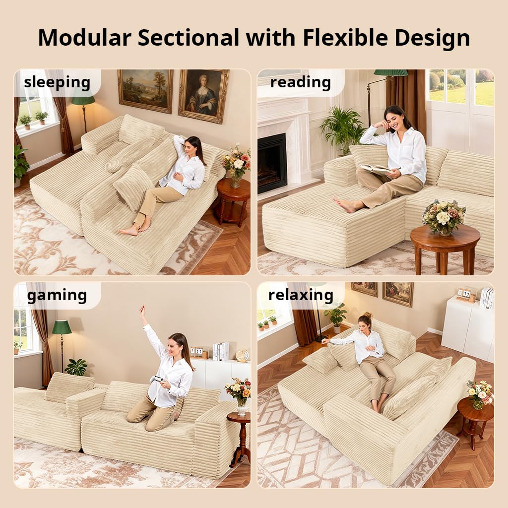 COMHOMA 105”Modular Sectional Sofa with Deep Seat,Cloud Upholstered L-Shape Couch Wide Arms Corduroy Fabric High-Density Foam Chaise Lounge for Living Room No Assembly Required,Beige