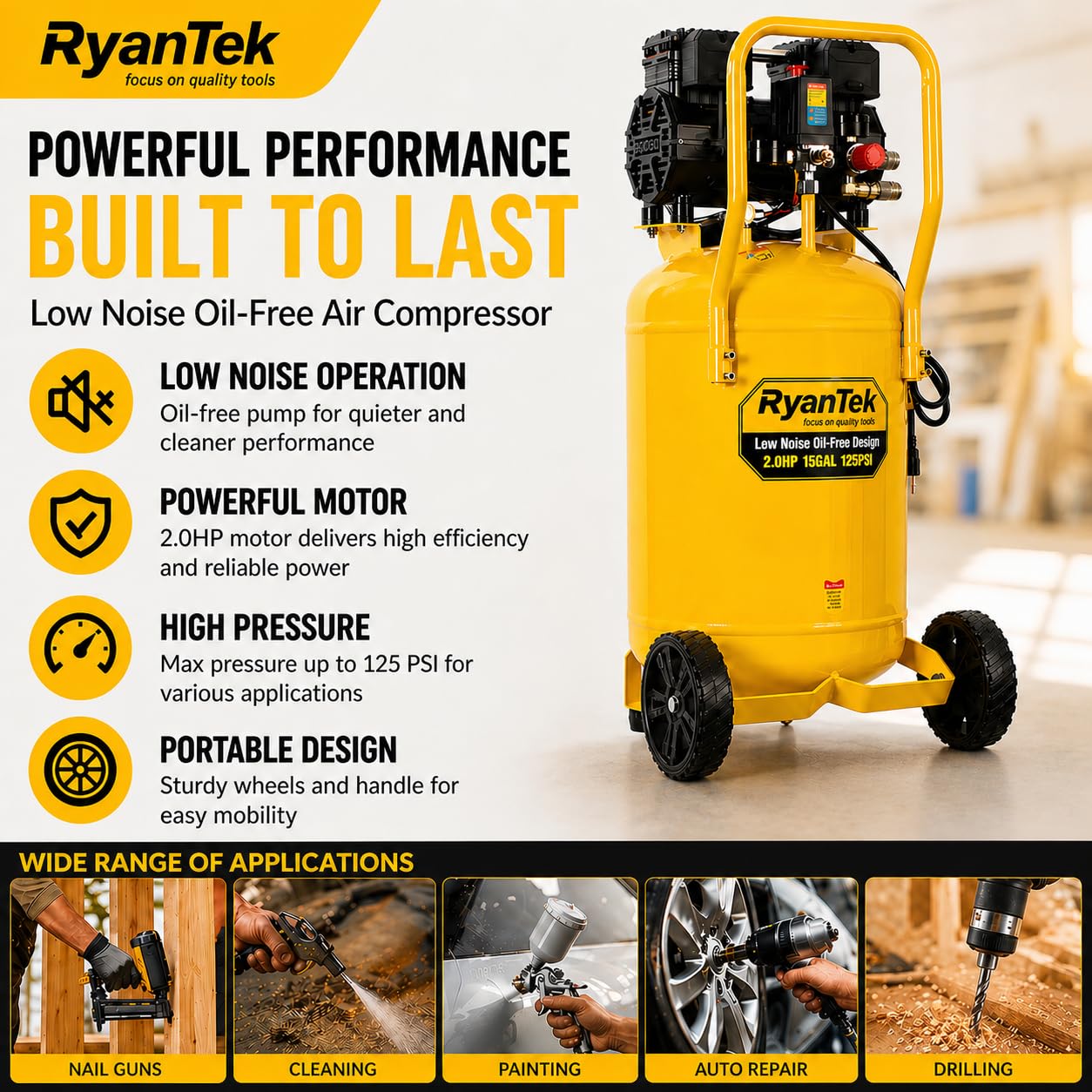 15-Gallon Air Compressor,2HP,Vertical Tank, 4.5CFM@90PSI,Quiet 66dB Twin Cylinder, Oil-Free, for Inflation, Nail Guns,Auto Repair, Painting, Woodworking and Home Use(Maximum Pressure 125 PSI)