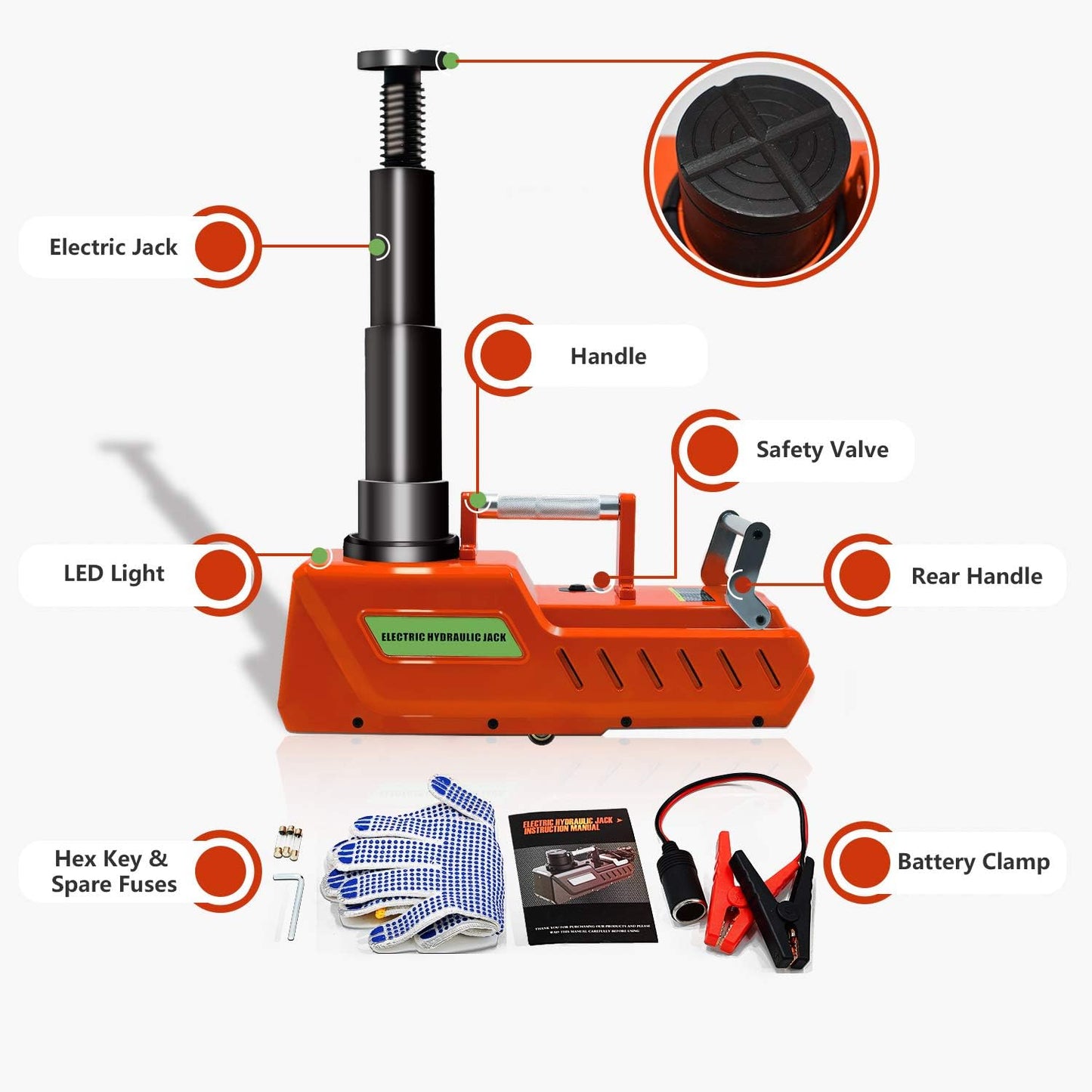 E-HEELP 15 Ton Electric Hydraulic Floor Jack, 12V DC Heavy Duty Truck Jack with LED Light for RV, SUV, Van, Sedan, Trucks (7.8-20.4 Inch Lift)