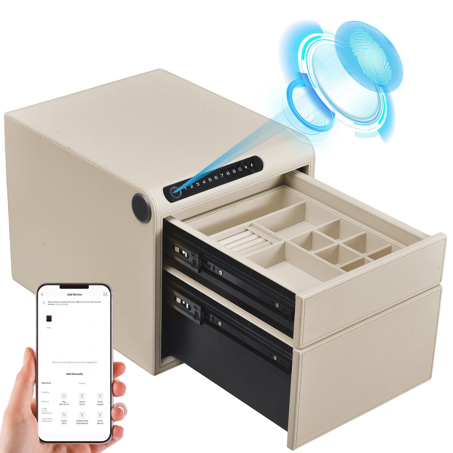 VALINIRT Jewelry Safe with Drawers，Biometric Fingerprint safe, Slide-Away Handgun Safe for Pistols, Leather Wrapped Jewelry Storage Safe, Digital Keypad & Quick-Access Drawer(White- 2 Drawer)