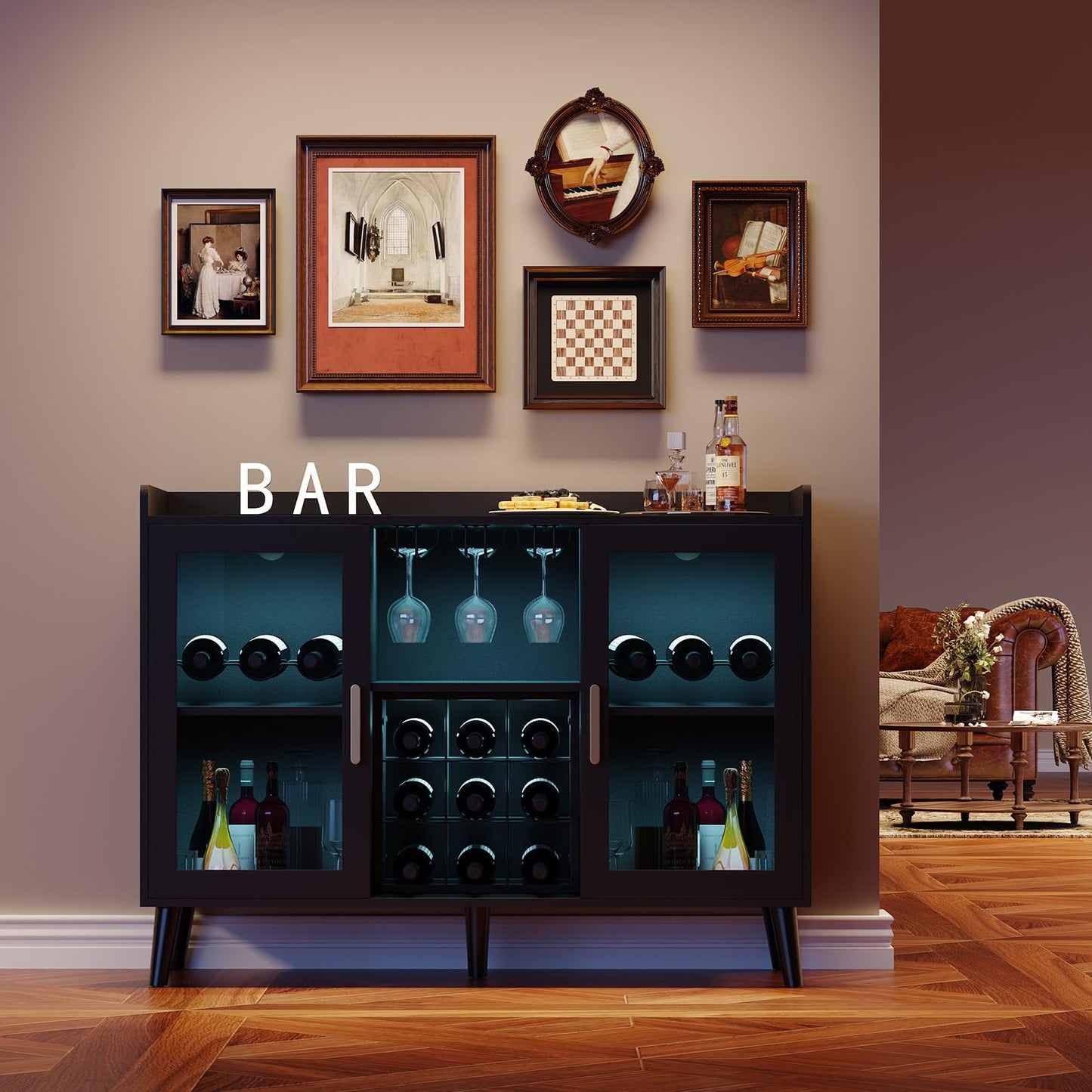 Patikuin Modern Wine Bar Cabinet with Adjustable LED Lighting, Glass Doors, Wine Rack & Glass Holder – Multi-Functional Freestanding Liquor Sideboard for Dining Room, Kitchen, Living Room – Color: