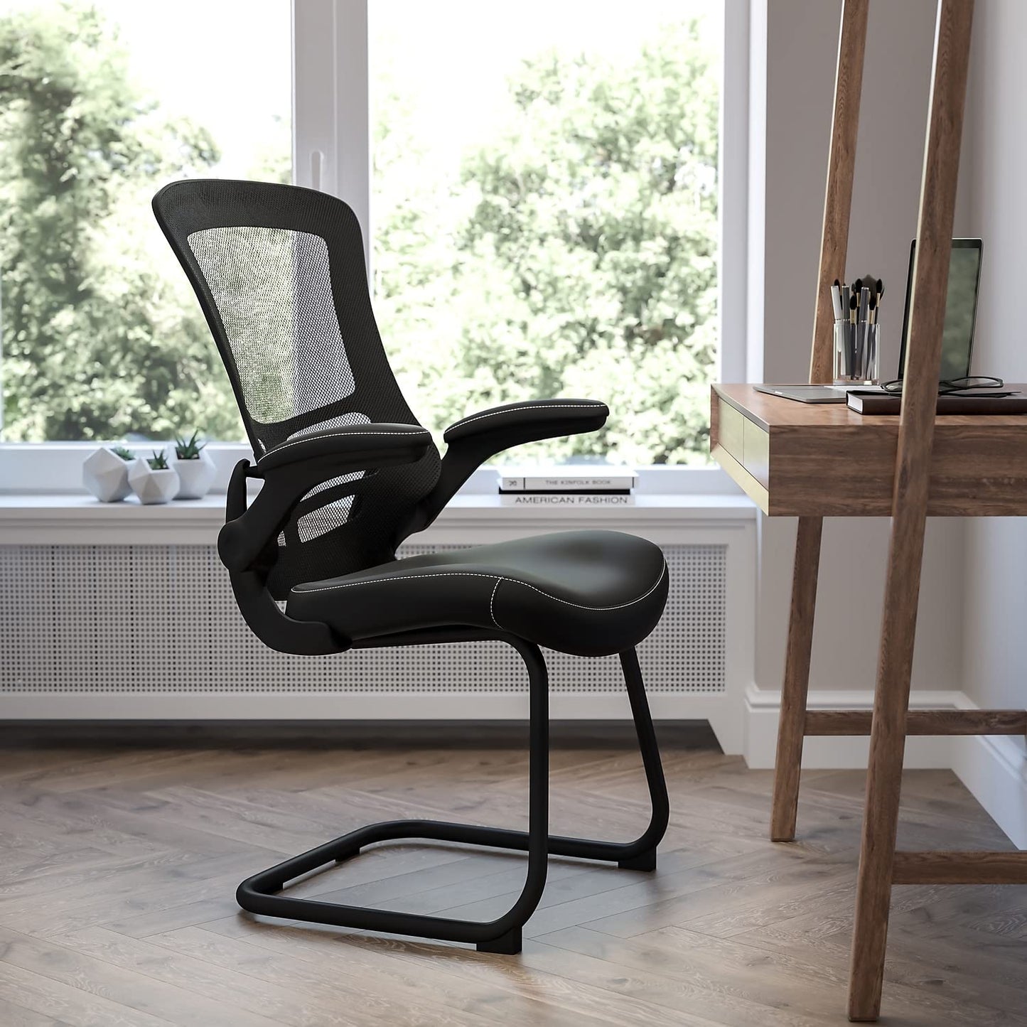 Flash Furniture Kelista Black Mesh Sled Base Side Reception Chair with White Stitched LeatherSoft Seat and Flip-Up Arms
