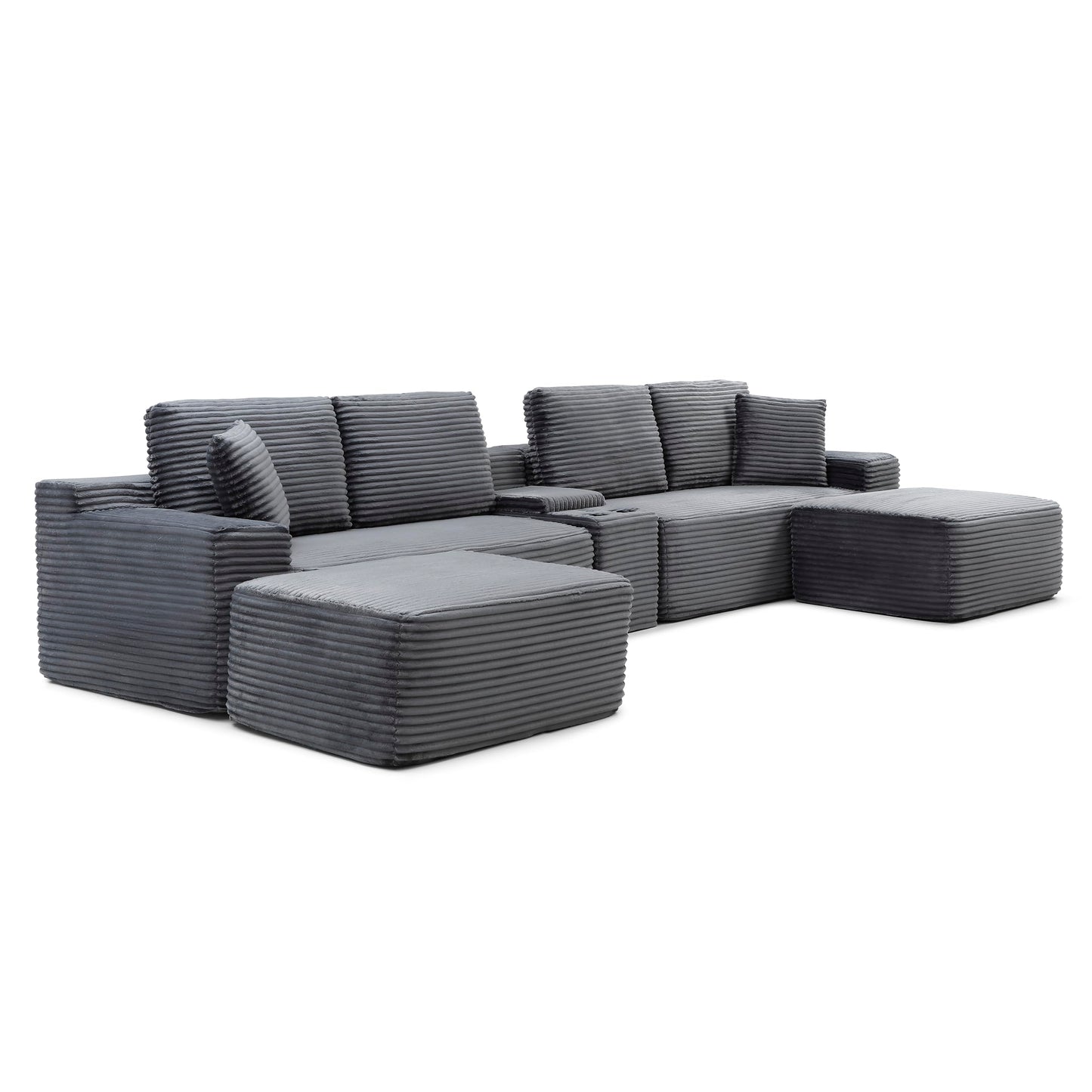 KEIKI 125" Corduroy Sectional Sofa with Two Ottomans, Upholstered Boneless Couch with Cupholders, USB Ports, Cloud Couch for Living Room, Bedroom, Office, Apartment, Gray