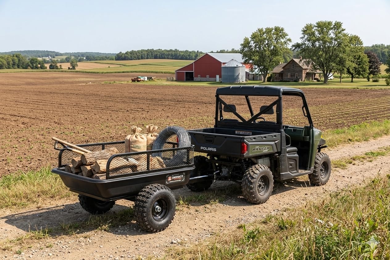 IMPACT IMPLEMENTS® 1500lb Poly Tub Agricultural Trailer from USA Outdoors Company. Includes Optional 2" Coupler, 18" x 8" Tires, and Pivoting Feature.