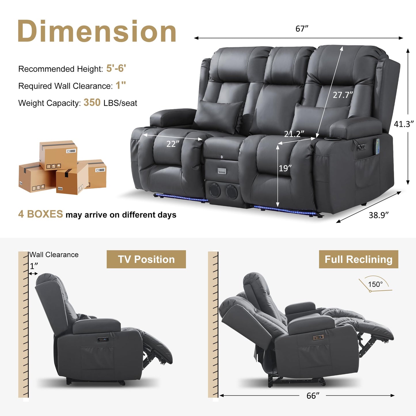 URRED Power Loveseat Recliner Sofa with Massage and Heat, Wall Hugger Reclining Loveseat with Console, RV Couch Home Theater Seating with LED Lights for Living Room (Ash Gray, 67" - 2 Seats)