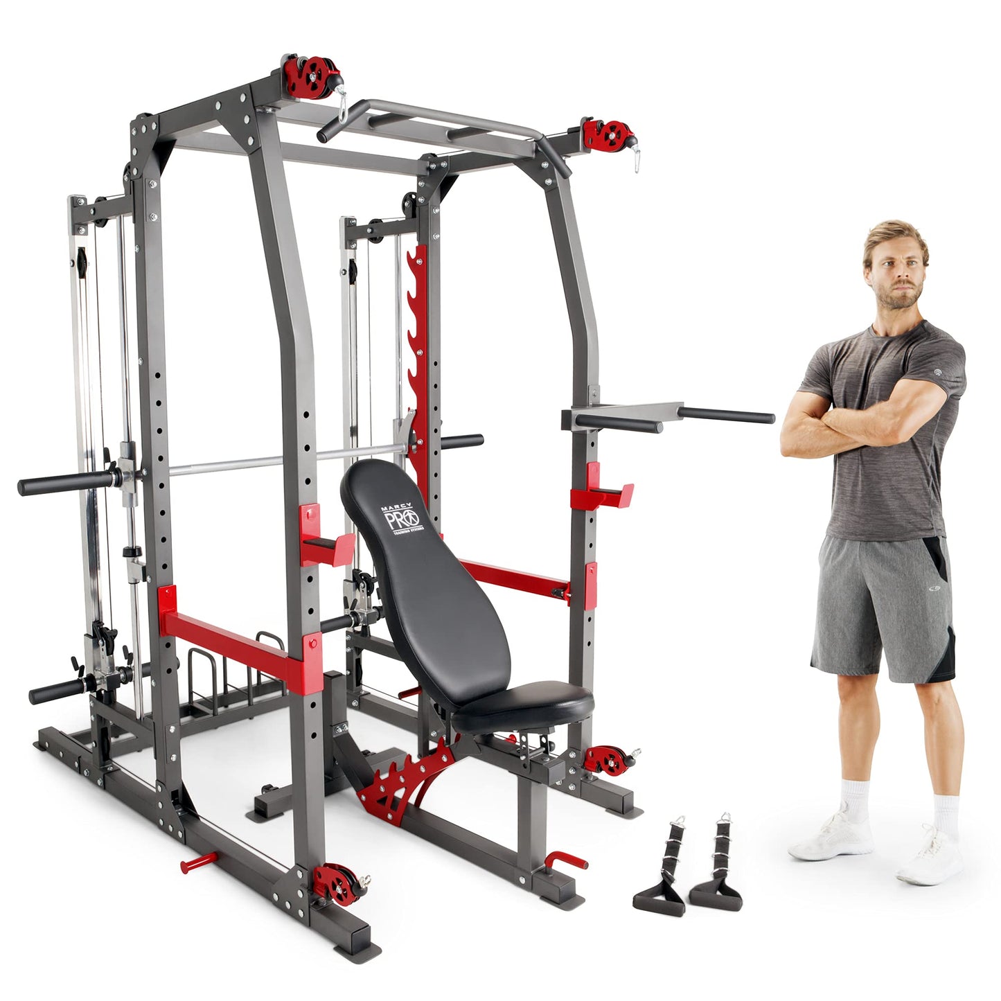 Marcy Smith Machine Home Gym System SM-4903, All-in-One Strength Training Cage with Weight Bench, Pulley, Squat Rack & Workout Stations for Full Body Workouts