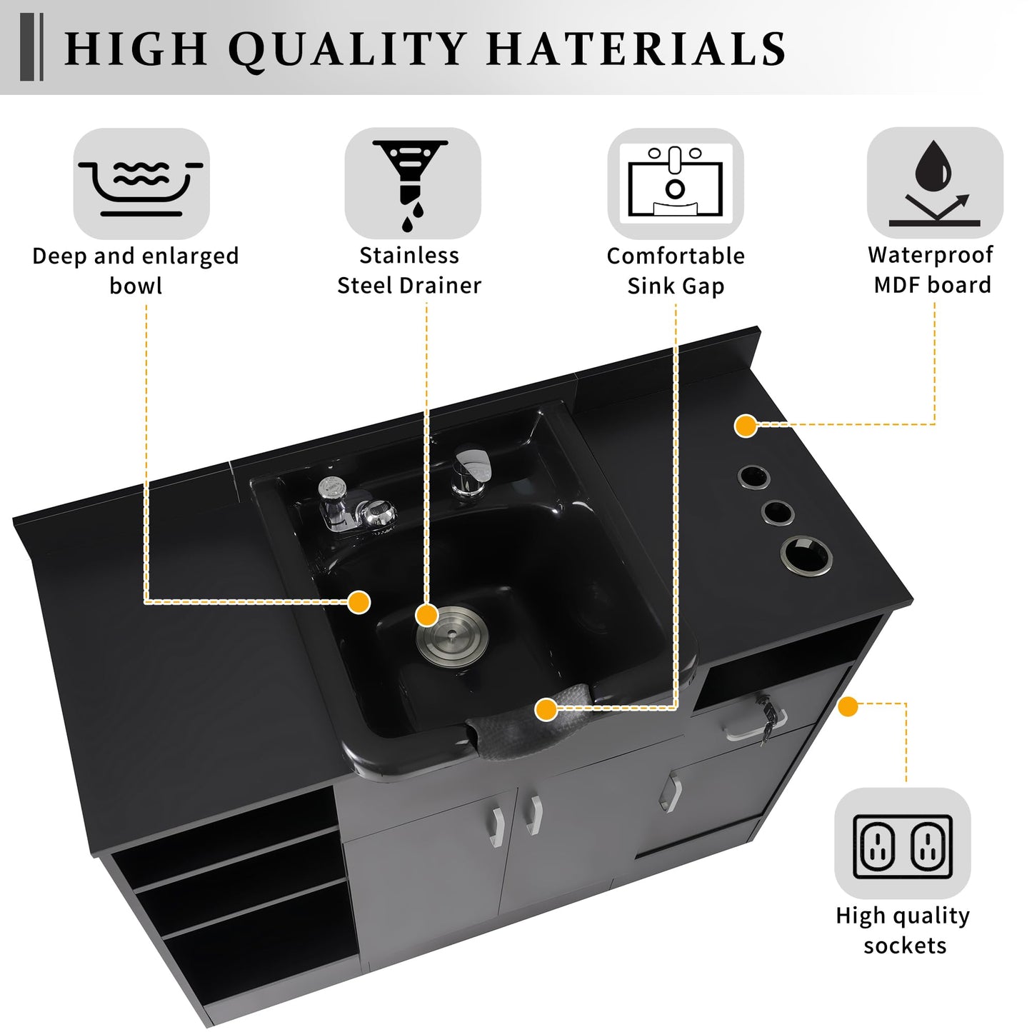 Virubi 43“ Shampoo Backwash Station for Salons,Salon Station with Shampoo Bowl & Storage Layer, Drawer,10V Outlets, USB Port, Faucet Sprayer, Salon Equipment for Spa Beauty