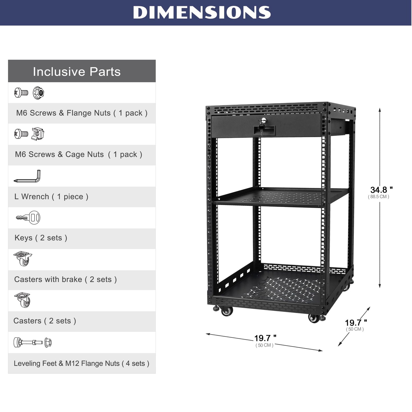 OCEANHUG 16U Server Rack Cabinet with Drawer & Full Size Rack Shelf - Integrated Top/Bottom Panels, 4 Rolling Wheels for 19" Equipment & Home Lab Studio