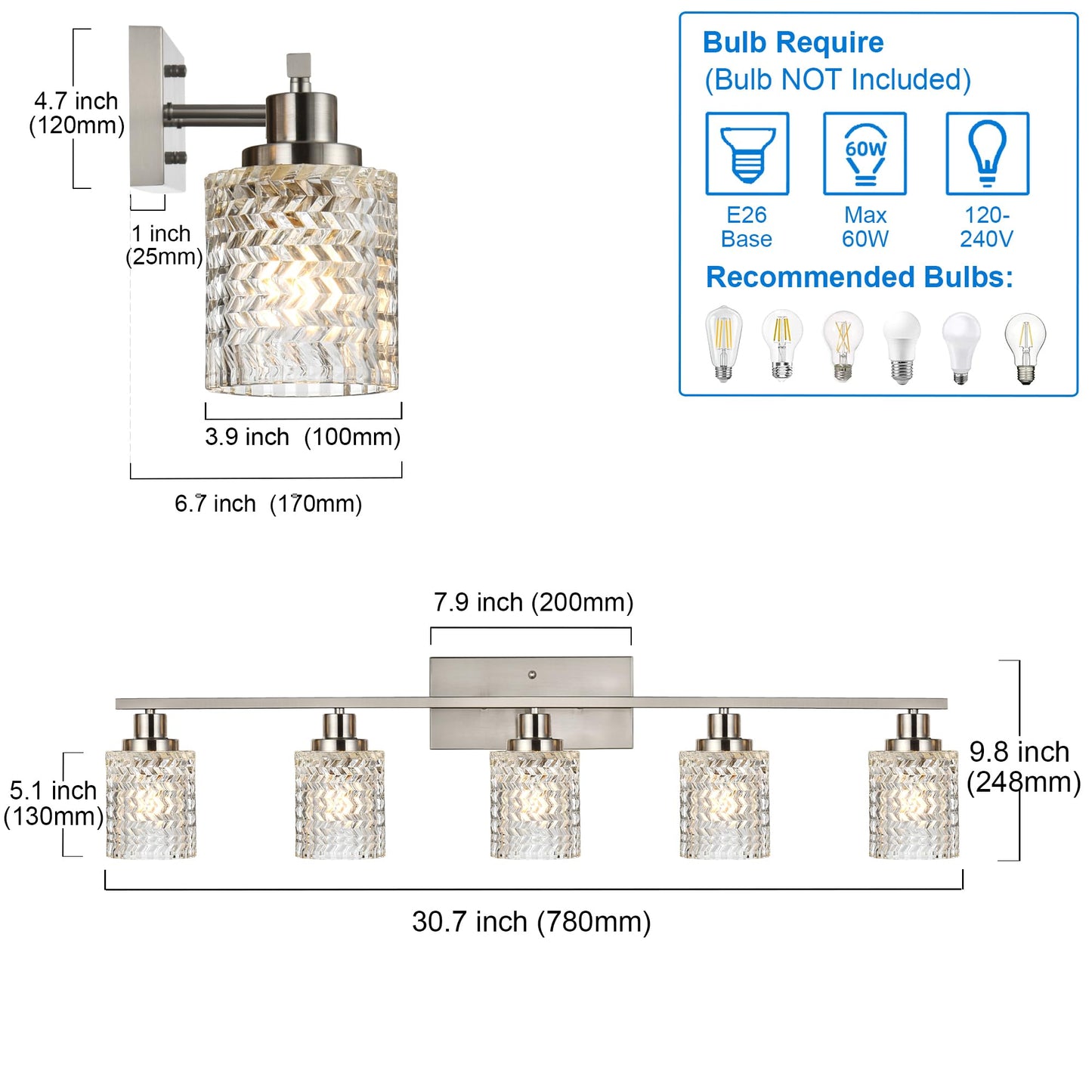 MELUCEE 5 Lights Brushed Nickel Bathroom Light Fixture Modern Light Fixtures Wall Mounted Modern Vanity Lighting with Hammered Glass Shade Suitable for Bathroom Mirror Sink Cabinet