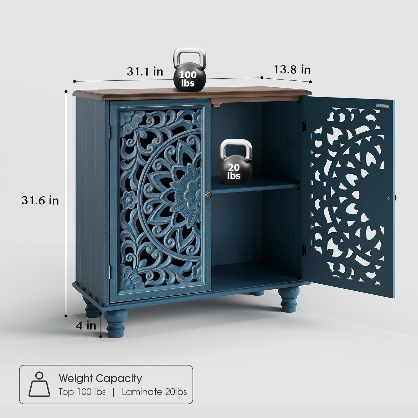 Accent Cabinet with Carved Doors,Blue Buffet Cabinet with Storage