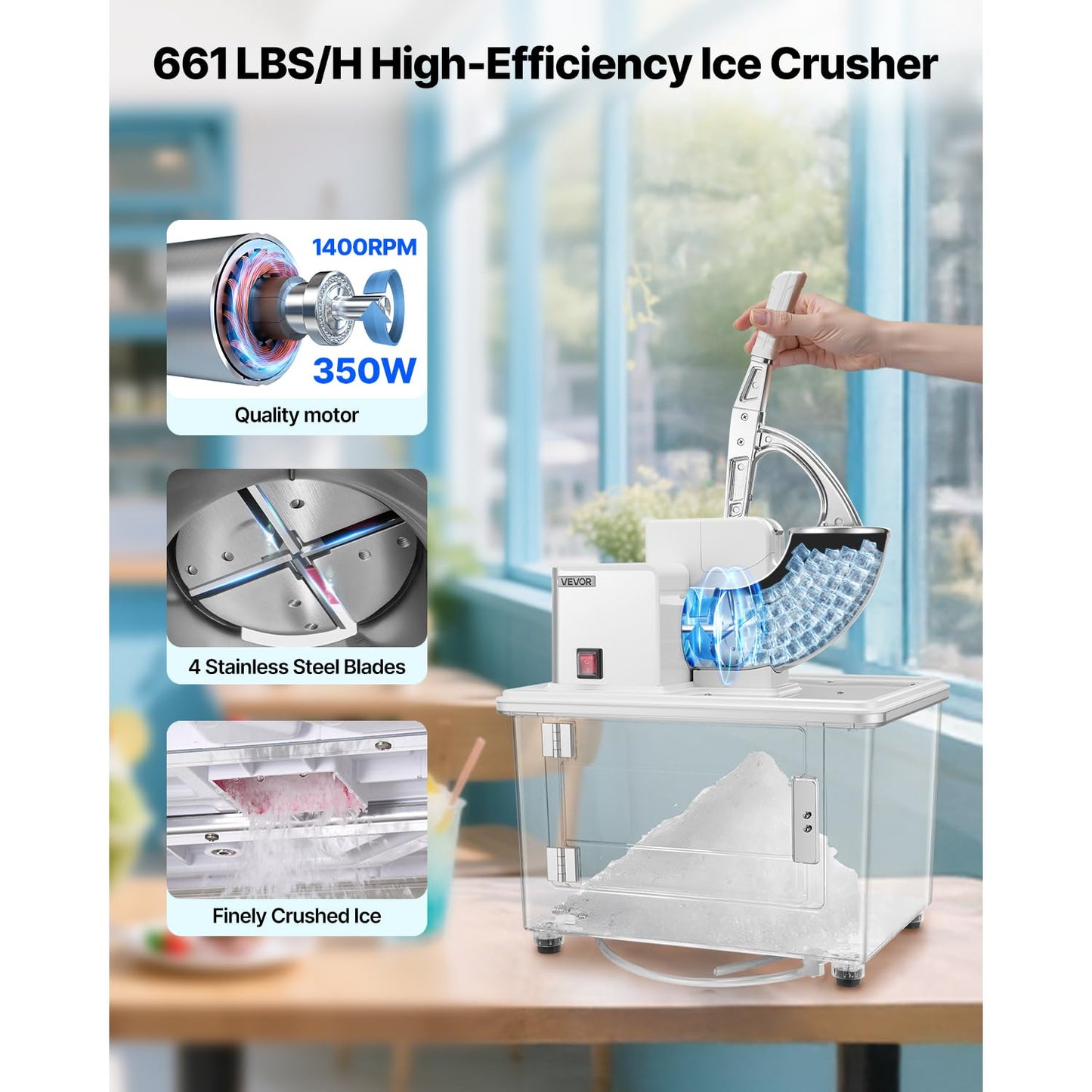 VEVOR 110V Commercial Ice Crusher 661LBS/H, ETL Approved 300W Electric Snow Cone Machine with Dual Blades, Stainless Steel Shaved Ice Machine with Safety On/Off Switch for Family, Restaurants, Bars