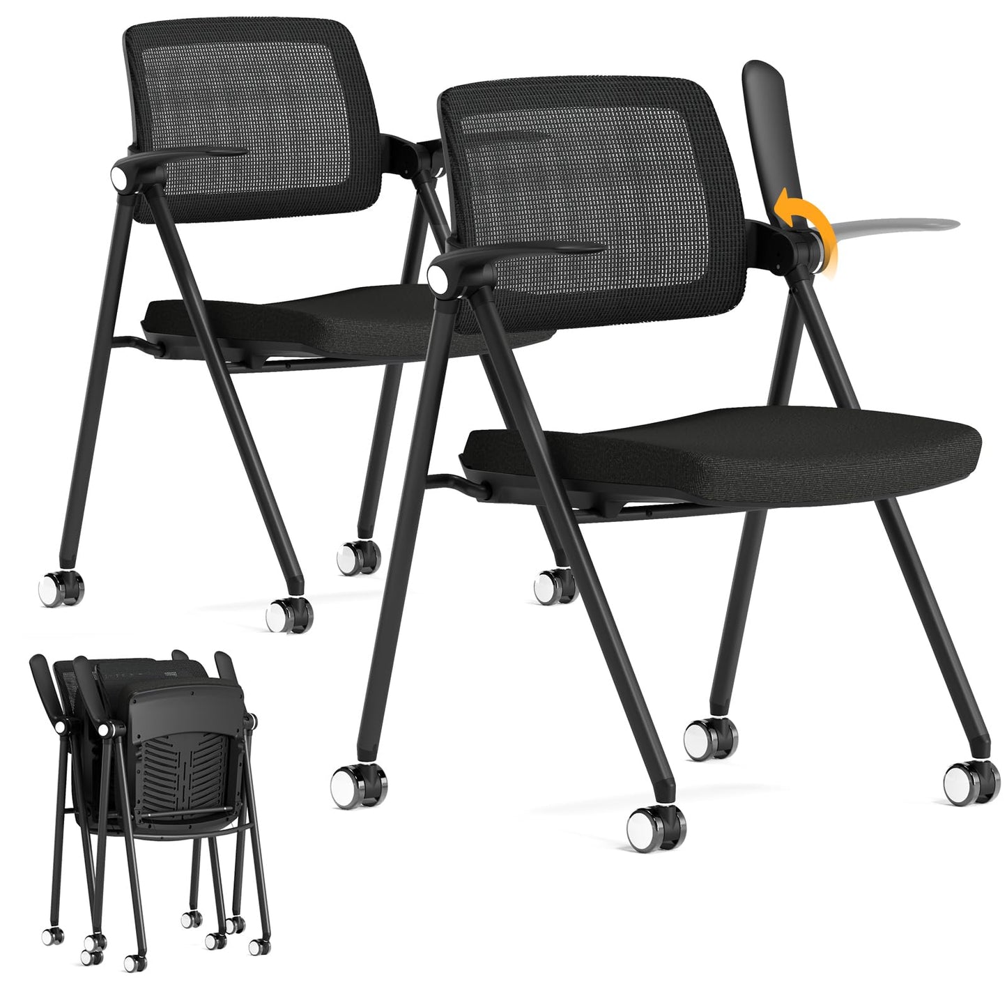 FYLICA Stackable & Foldable Office Chair Set of 2, Folding Desk Chair with Flip-Up Armrest, Breathable Mesh, Thick Seat Cushion & Rocking Backrest, Conference Room Chair with Wheel (Black)