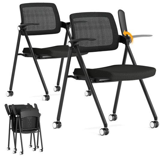 FYLICA Stackable & Foldable Office Chair Set of 2, Folding Desk Chair with Flip-Up Armrest, Breathable Mesh, Thick Seat Cushion & Rocking Backrest, Conference Room Chair with Wheel (Black)