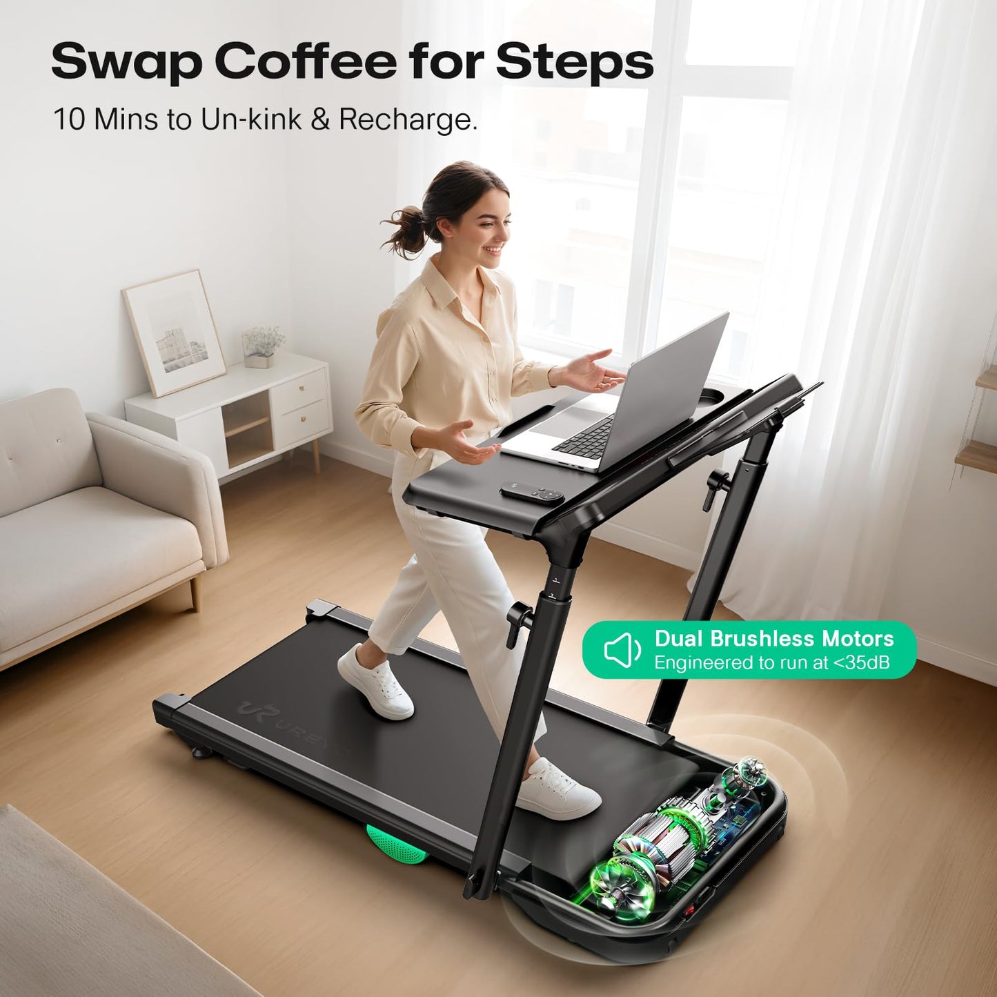 UREVO Foldimix 5L Treadmill with Multifunctional Desk, 9% Auto Incline Walking Pad for Home Office, Quiet 3.0HP Dual, 14-Point Shock Absorption, Folding Running Machine for Laptop/Work