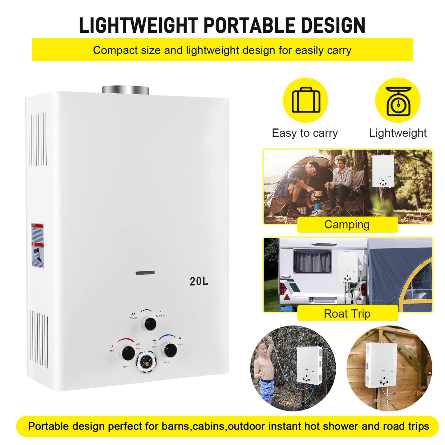 Tankless Water Heater Propane 5.26GPM 20L Outdoor Portable Gas Hot Water Heaters Instant Propane Water Heater with Digital Display Multi-Protection for Camping Trips Boat Cabins
