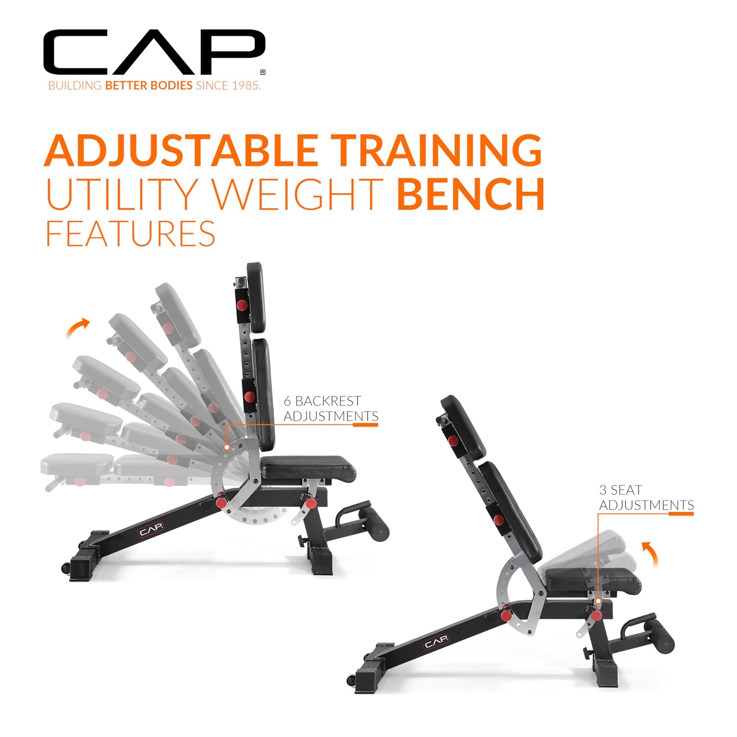 CAP Barbell Adjustable Training Utility Weight Bench | Multi-Position Incline Bench with 6 Backrest Adjustments, Leg Anchor, Wheels & 600 LB Capacity | Home Gym Strength Bench