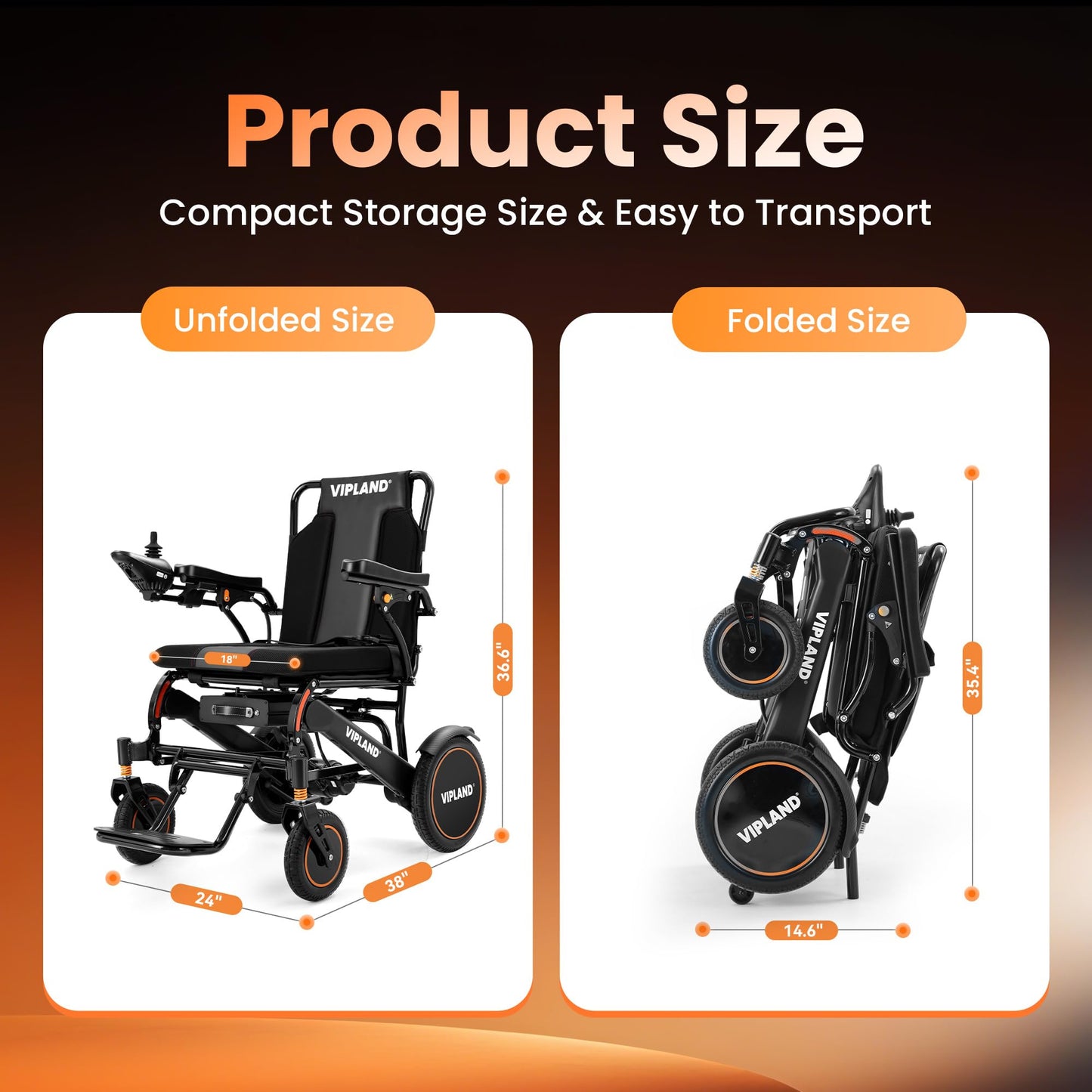 VIPLAND Portable Electric Wheelchairs for Adults, Lightweight Foldable Electric Motorized Wheelchair, 15 Miles Range, 700W Motors, Support 250lbs, All Terrain Airline Approved, Remote Control, Orange