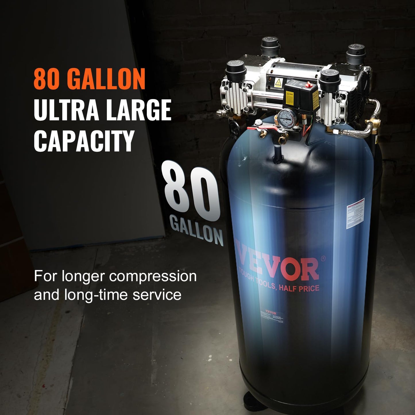 VEVOR 80 Gallons Air Compressor, 6.5HP 15.5SCFM@90 PSI Oil-Free Air Compressor Tank with 145PSI Max Pressure, 86dB Quiet Air Tank for Industrial Manufacturing, Air Brushing, Spraying (3-Phase Power)